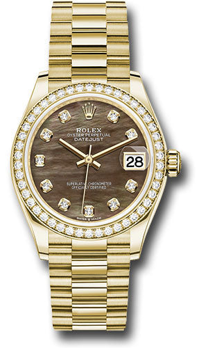 *Pre-Owned* Rolex Yellow Gold Datejust 31 Watch - Diamond Bezel - Dark Mother-of-Pearl Diamond Dial - President Bracelet