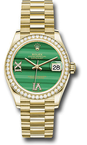 *Pre-Owned* Rolex Yellow Gold Datejust 31 Watch - Diamond Bezel - Malachite Diamond Six and Nine Dial - President Bracelet