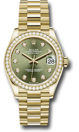 *Pre-Owned* Rolex Yellow Gold Datejust 31 Watch - Diamond Bezel - Olive Green Diamond Dial - President Bracelet