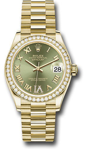 *Pre-Owned* Rolex Yellow Gold Datejust 31 Watch - Diamond Bezel - Olive Green Diamond Six Dial - President Bracelet