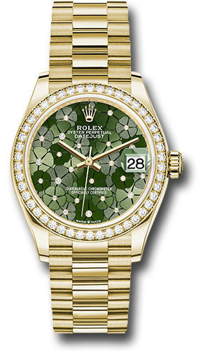 *Pre-Owned* Rolex Yellow Gold Datejust 31 Watch - Diamond Bezel - Olive Green Floral Motif Diamond 6 Dial - President Bracelet