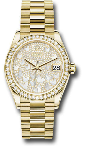 *Pre-Owned* Rolex Yellow Gold Datejust 31 Watch - Diamond Bezel - Paved Mother-of-Pearl Butterfly Dial - President Bracelet
