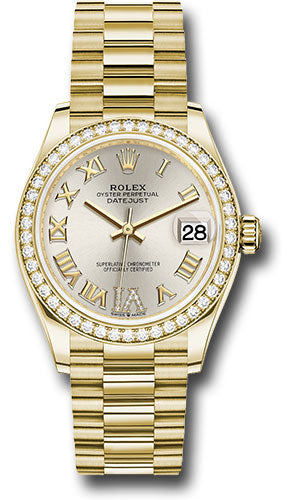 *Pre-Owned* Rolex Yellow Gold Datejust 31 Watch - Diamond Bezel - Silver Diamond Six Dial - President Bracelet