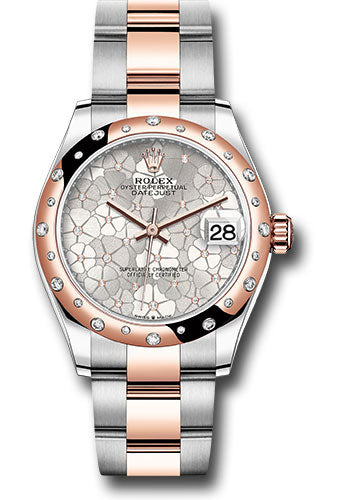 *Pre-Owned* Rolex Everose Rolesor Datejust 31 Watch - Domed, Diamond Bezel - Silver Floral Motif Diamond Dial - Oyster Bracelet