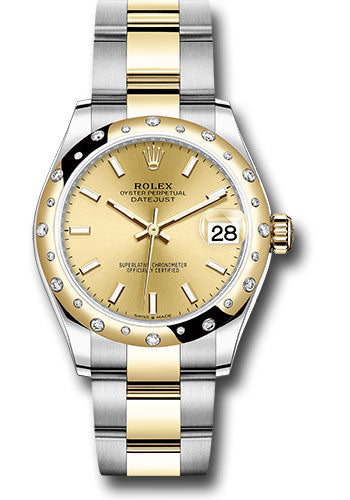 *Pre-Owned* Rolex Steel and Yellow Gold Datejust 31 Watch - Domed Diamond Bezel - Champagne Index Dial - Oyster Bracelet