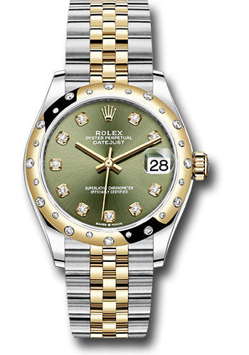 *Pre-Owned* Rolex Steel and Yellow Gold Datejust 31 Watch - Domed Diamond Bezel - Olive Green Diamond Dial - Jubilee Bracelet