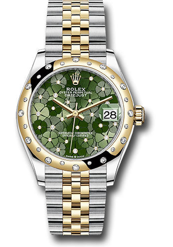 *Pre-Owned* Rolex Yellow Rolesor Datejust 31 Watch - Domed, Diamond Bezel - Olive Green Floral Motif Diamond 6 Dial - Jubilee Bracelet