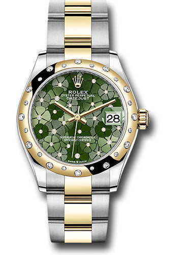 *Pre-Owned* Rolex Yellow Rolesor Datejust 31 Watch - Domed, Diamond Bezel - Olive Green Floral Motif Diamond 6 Dial - Oyster Bracelet