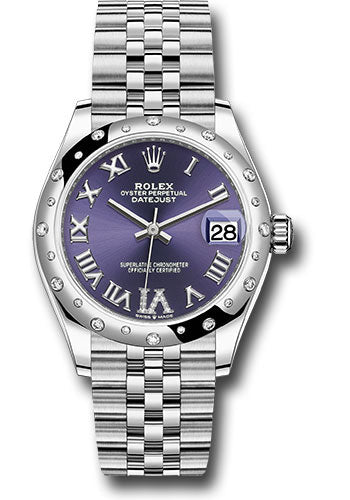 *Pre-Owned* Rolex Steel and White Gold Datejust 31 Watch - Domed 24 Diamond Bezel - Aubergine Roman Diamond 6 Dial - Jubilee Bracelet