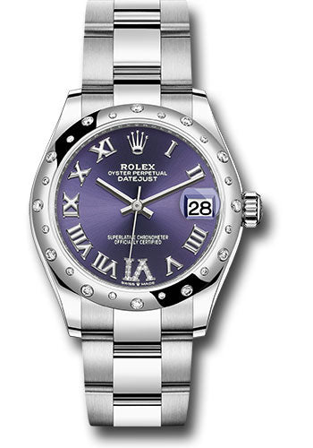 *Pre-Owned* Rolex Steel and White Gold Datejust 31 Watch - Domed 24 Diamond Bezel - Aubergine Roman Diamond 6 Dial - Oyster Bracelet