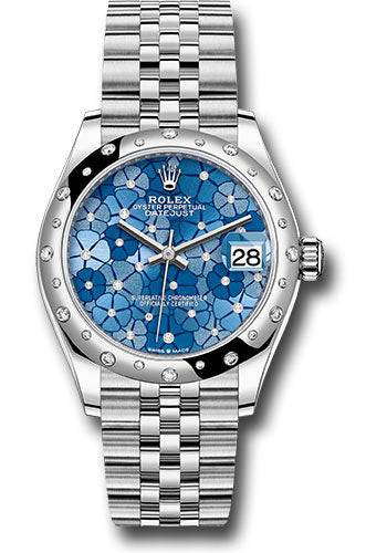 *Pre-Owned* Rolex White Rolesor Datejust 31 Watch - Domed, Diamond Bezel - Azzurro Blue Floral Motif Diamond Dial - Jubilee Bracelet