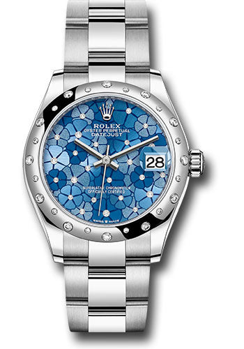 *Pre-Owned* Rolex White Rolesor Datejust 31 Watch - Domed, Diamond Bezel - Azzurro Blue Floral Motif Diamond Dial - Oyster Bracelet