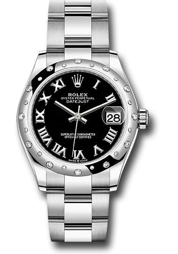 *Pre-Owned* Rolex Steel and White Gold Datejust 31 Watch - Domed 24 Diamond Bezel - Black Roman Dial - Oyster Bracelet