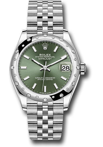 *Pre-Owned* Rolex Steel and White Gold Datejust 31 Watch - Domed 24 Diamond Bezel - Mint Green Index Dial - Jubilee Bracelet