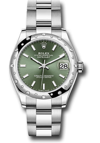 *Pre-Owned* Rolex Steel and White Gold Datejust 31 Watch - Domed 24 Diamond Bezel - Mint Green Index Dial - Oyster Bracelet