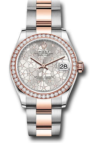 *Pre-Owned* Rolex Everose Rolesor Datejust 31 Watch - Diamond Bezel - Silver Floral Motif Diamond Dial - Oyster Bracelet