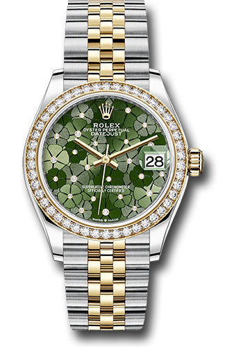 *Pre-Owned* Rolex Yellow Rolesor Datejust 31 Watch - Diamond Bezel - Olive Green Floral Motif Diamond 6 Dial - Jubilee Bracelet