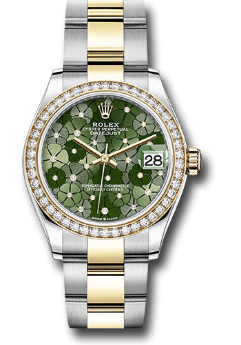 *Pre-Owned* Rolex Yellow Rolesor Datejust 31 Watch - Diamond Bezel - Olive Green Floral Motif Diamond 6 Dial - Oyster Bracelet