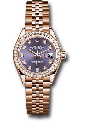 *Pre-Owned* Rolex Everose Gold Lady-Datejust 28 Watch - 44 Diamond Bezel - Aubergine Diamond Dial - Jubilee Bracelet
