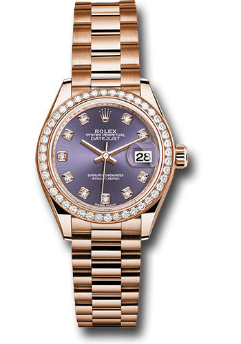*Pre-Owned* Rolex Everose Gold Lady-Datejust 28 Watch - 44 Diamond Bezel - Aubergine Diamond Dial - President Bracelet