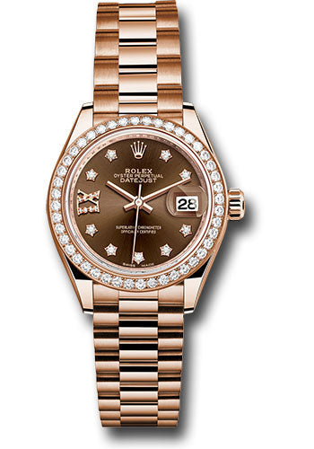 *Pre-Owned* Rolex Everose Gold Lady-Datejust 28 Watch - 44 Diamond Bezel - Chocolate Diamond Star Dial - President Bracelet