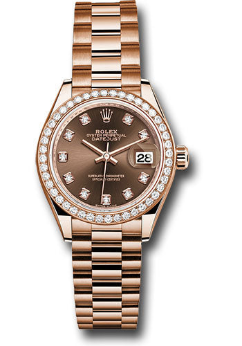 *Pre-Owned* Rolex Everose Gold Lady-Datejust 28 Watch - 44 Diamond Bezel - Chocolate Diamond Dial - President Bracelet