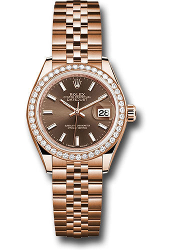 *Pre-Owned* Rolex Everose Gold Lady-Datejust 28 Watch - 44 Diamond Bezel - Chocolate Index Dial - Jubilee Bracelet