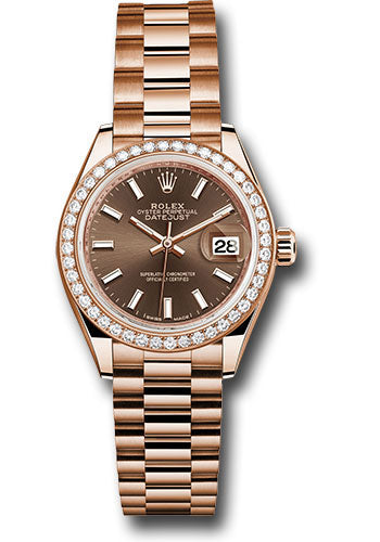 *Pre-Owned* Rolex Everose Gold Lady-Datejust 28 Watch - 44 Diamond Bezel - Chocolate Index Dial - President Bracelet