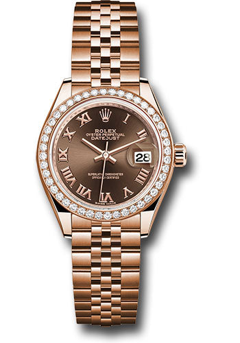 *Pre-Owned* Rolex Everose Gold Lady-Datejust 28 Watch - 44 Diamond Bezel - Chocolate Roman Dial - Jubilee Bracelet