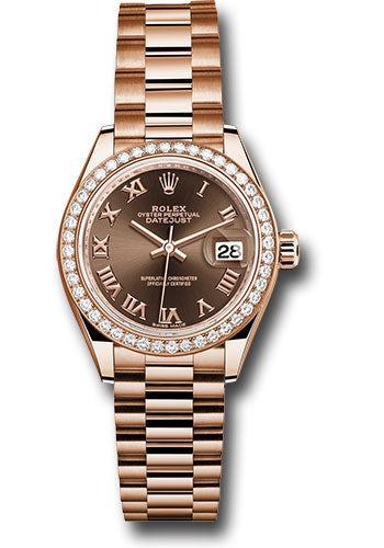 *Pre-Owned* Rolex Everose Gold Lady-Datejust 28 Watch - 44 Diamond Bezel - Chocolate Roman Dial - President Bracelet