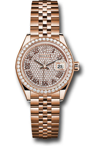 *Pre-Owned* Rolex Everose Gold Lady-Datejust 28 Watch - 44 Diamond Bezel - Sundust Roman Dial - Jubilee Bracelet