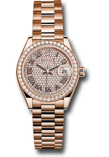*Pre-Owned* Rolex Everose Gold Lady-Datejust 28 Watch - 44 Diamond Bezel - Sundust Roman Dial - President Bracelet