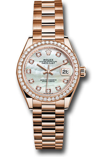 *Pre-Owned* Rolex Everose Gold Lady-Datejust 28 Watch - 44 Diamond Bezel - Mother-of-Pearl Diamond Dial - President Bracelet