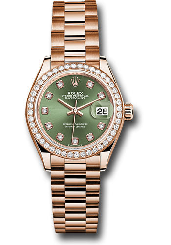 *Pre-Owned* Rolex Everose Gold Lady-Datejust Watch - Diamond Bezel - Olive Green Diamond 6 Dial - President Bracelet