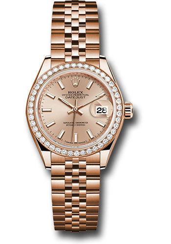 *Pre-Owned* Rolex Everose Gold Lady-Datejust 28 Watch - 44 Diamond Bezel - Pink Sundust Index Dial - Jubilee Bracelet