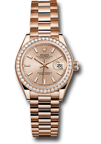 *Pre-Owned* Rolex Everose Gold Lady-Datejust 28 Watch - 44 Diamond Bezel - Pink Sundust Index Dial - President Bracelet