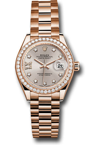 *Pre-Owned* Rolex Everose Gold Lady-Datejust 28 Watch - 44 Diamond Bezel - Silver Sundust Diamond Star Dial - President Bracelet