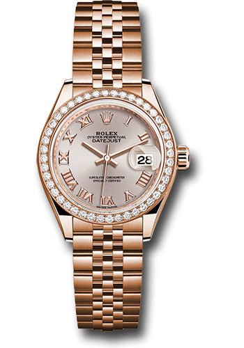 *Pre-Owned* Rolex Everose Gold Lady-Datejust 28 Watch - 44 Diamond Bezel - Sundust Roman Dial - Jubilee Bracelet