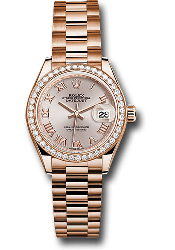 *Pre-Owned* Rolex Everose Gold Lady-Datejust 28 Watch - 44 Diamond Bezel - Sundust Roman Dial - President Bracelet