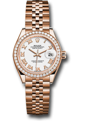*Pre-Owned* Rolex Everose Gold Lady-Datejust 28 Watch - 44 Diamond Bezel - White Roman Dial - Jubilee Bracelet