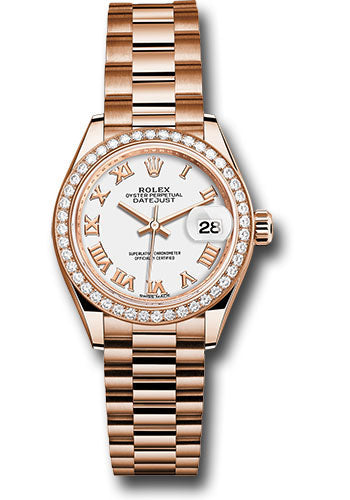 *Pre-Owned* Rolex Everose Gold Lady-Datejust 28 Watch - 44 Diamond Bezel - White Roman Dial - President Bracelet
