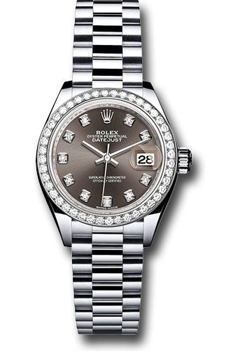 *Pre-Owned* Rolex Platinum Lady-Datejust 28 Watch - 44 Diamond Bezel - Dark Grey Diamond Dial - President Bracelet
