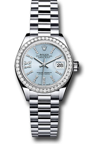 *Pre-Owned* Rolex Platinum Lady-Datejust 28 Watch - 44 Diamond Bezel - Ice Blue Diamond Index Dial - President Bracelet