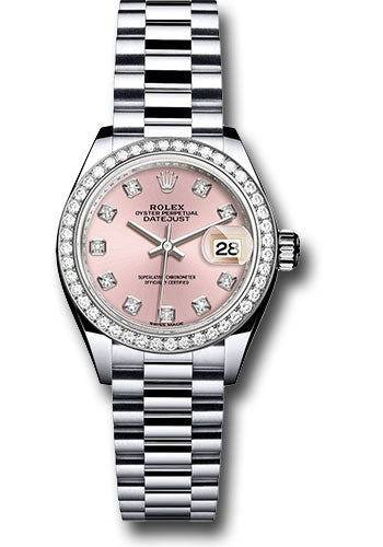 *Pre-Owned* Rolex Platinum Lady-Datejust 28 Watch - 44 Diamond Bezel - Pink Diamond Dial - President Bracelet