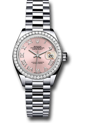 *Pre-Owned* Rolex Platinum Lady-Datejust 28 Watch - 44 Diamond Bezel - Pink Roman Dial - President Bracelet