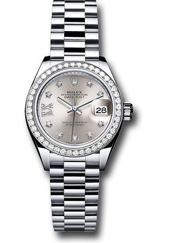 *Pre-Owned* Rolex Platinum Lady-Datejust 28 Watch - 44 Diamond Bezel - Silver Diamond Star Dial - President Bracelet