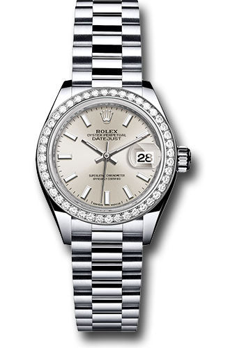 *Pre-Owned* Rolex Platinum Lady-Datejust 28 Watch - 44 Diamond Bezel - Silver Index Dial - President Bracelet