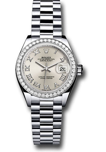*Pre-Owned* Rolex Platinum Lady-Datejust 28 Watch - 44 Diamond Bezel - Silver Roman Dial - President Bracelet