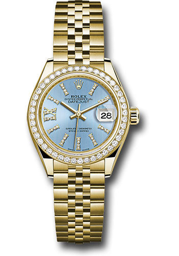 *Pre-Owned* Rolex Yellow Gold Lady-Datejust 28 Watch - 44 Diamond Bezel - Cornflower Blue Stripe Diamond Index Dial - Jubilee Bracelet