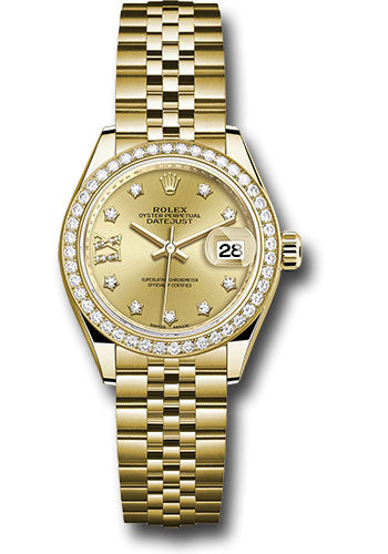 *Pre-Owned* Rolex Yellow Gold Lady-Datejust 28 Watch - 44 Diamond Bezel - Cornflower Blue Stripe Diamond Index Dial - President Bracelet